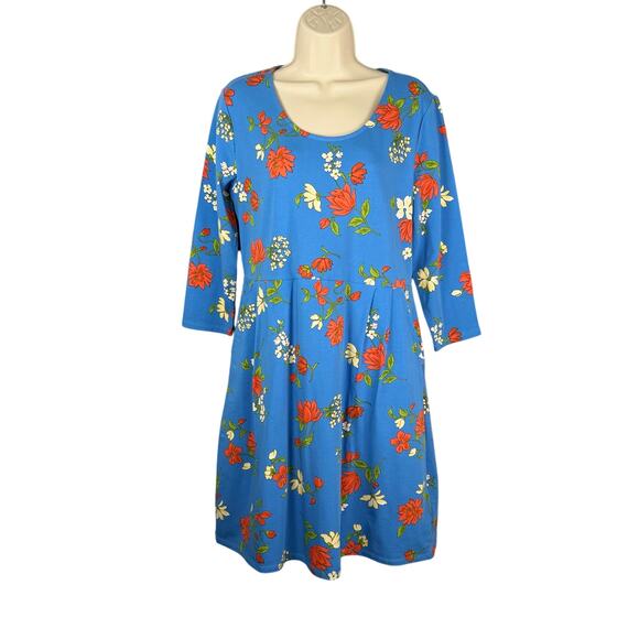 Lands End Dress Womens PM 10-12 Blue Floral Print 3/4 Sleeve Cotton Stretch - Picture 1 of 16
